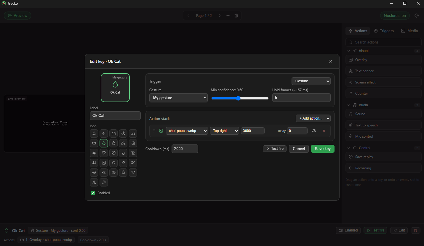 Gecko key editor: gesture trigger with confidence slider and an action stack