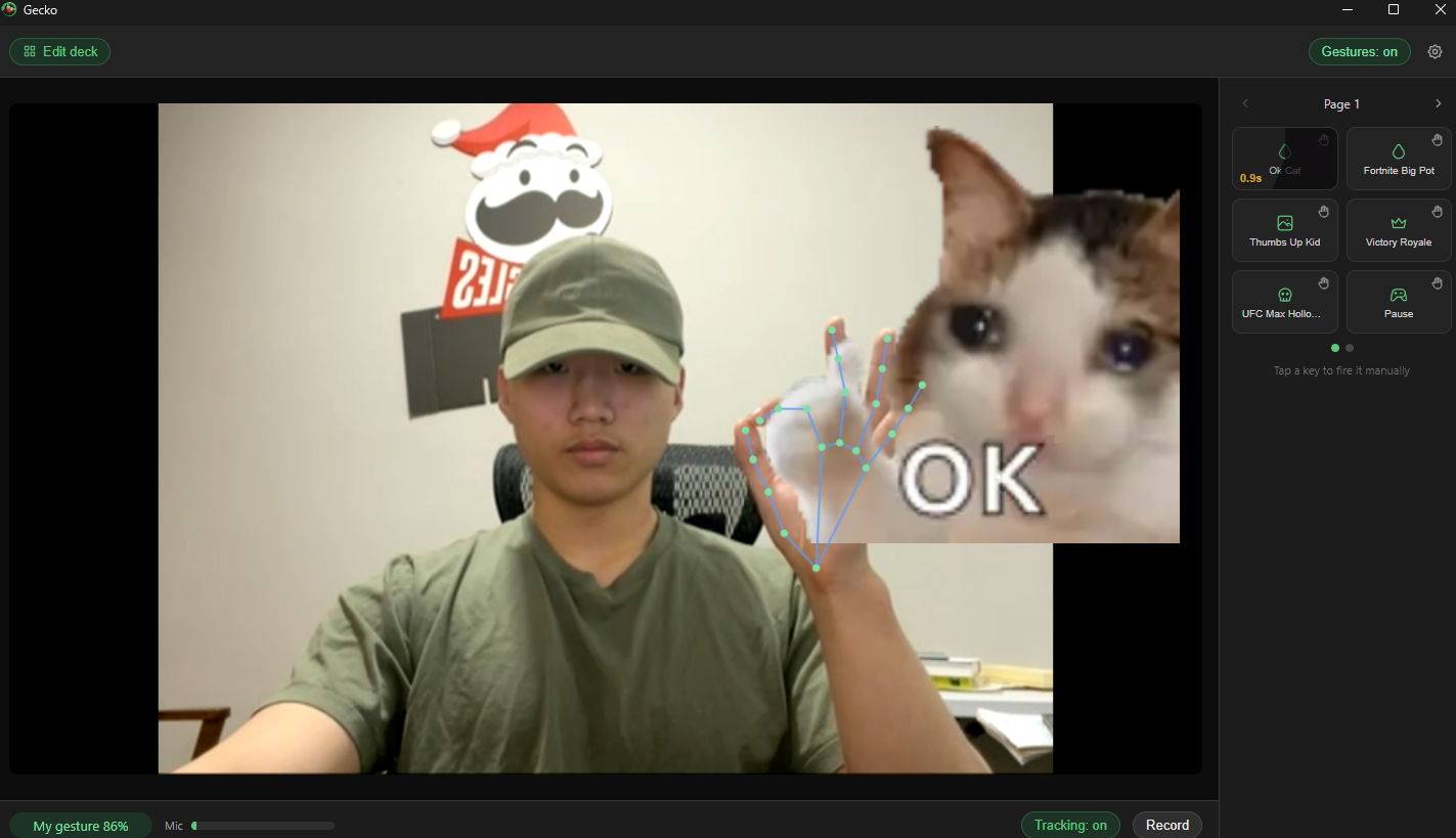 Gecko live mode: an OK hand gesture triggers a cat meme overlay on the webcam feed