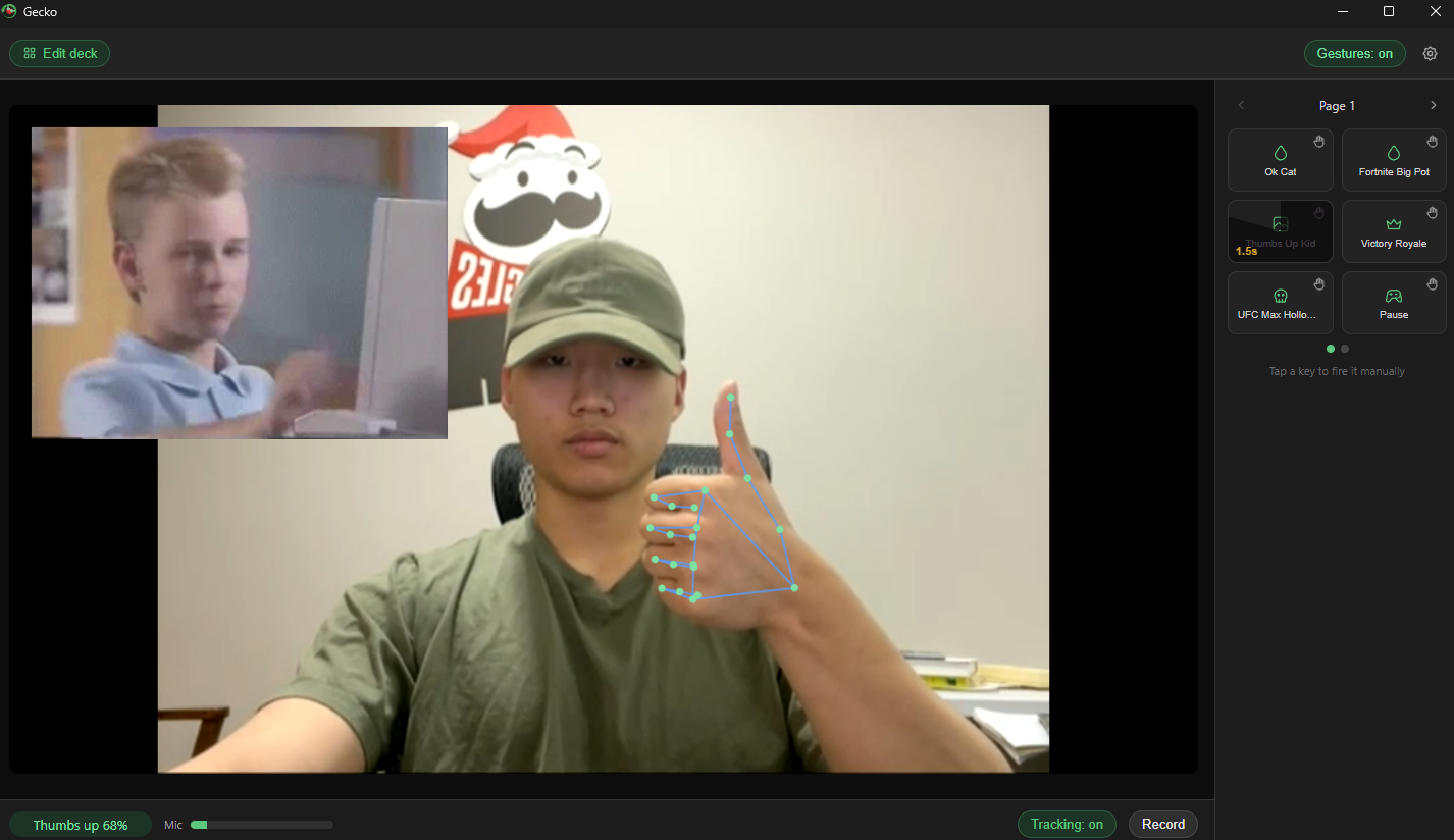A thumbs-up gesture triggering a meme overlay in Gecko live mode