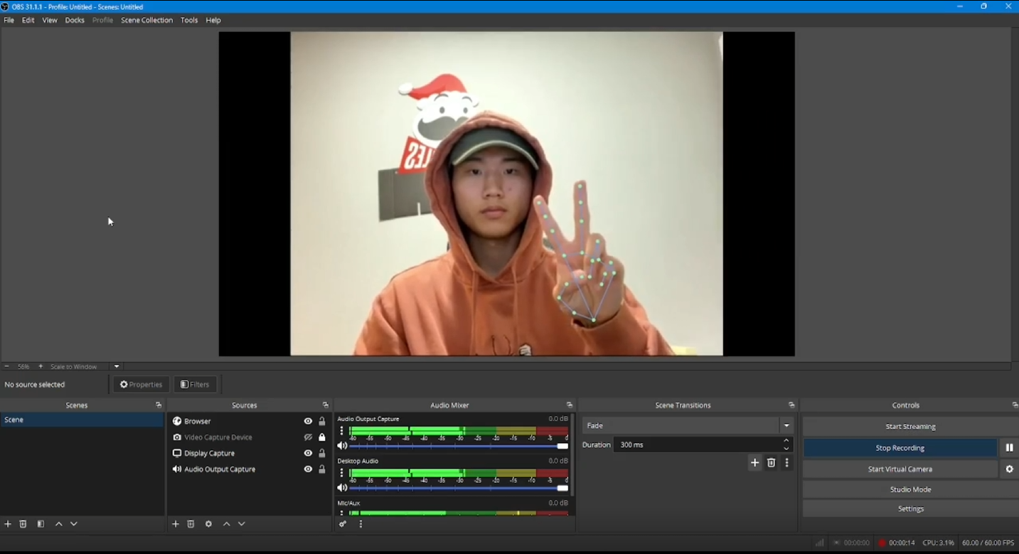 OBS scene with the Gecko browser-source overlay compositing effects over a gameplay capture